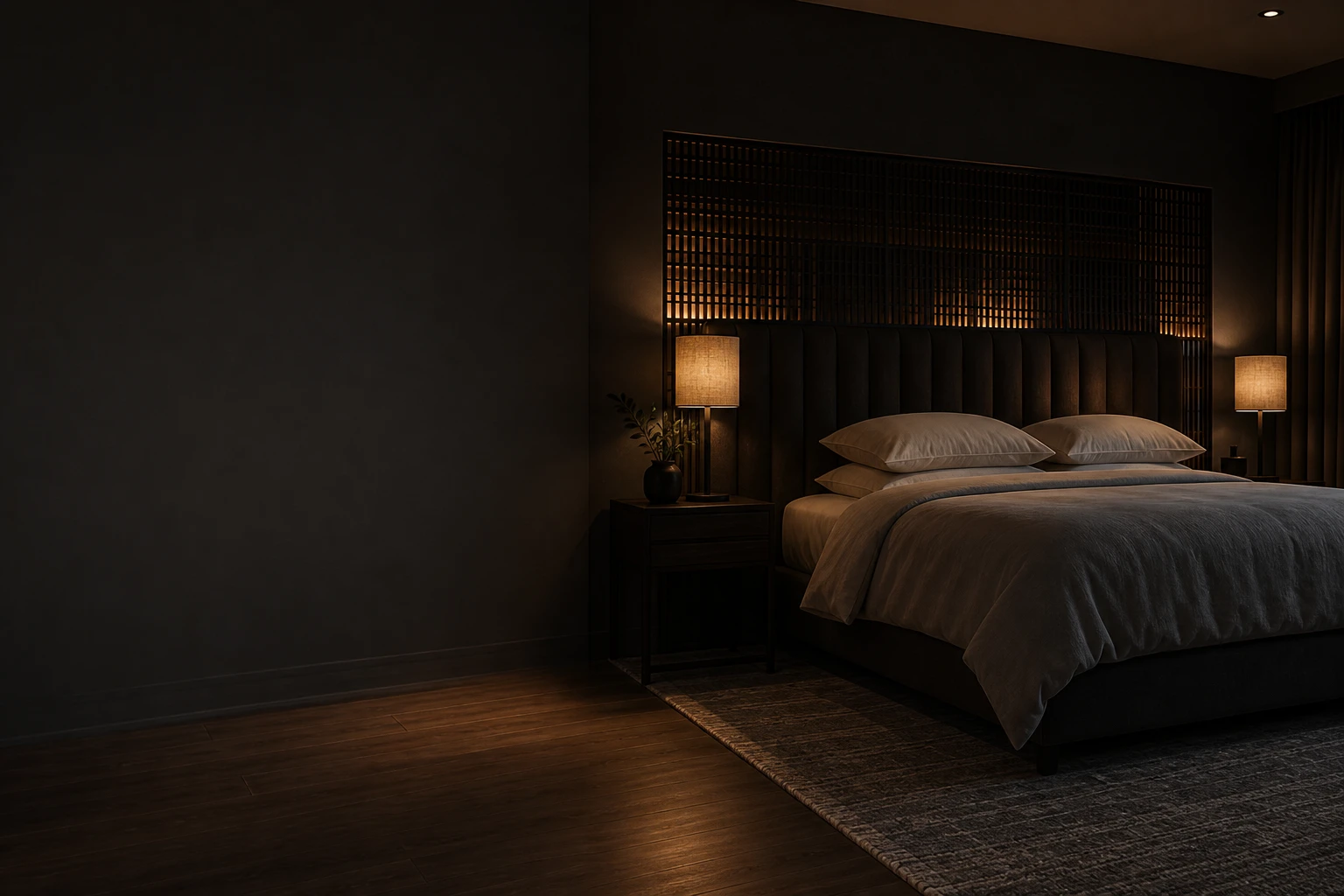 Boutique hotel room with soft lighting and a luxury bed