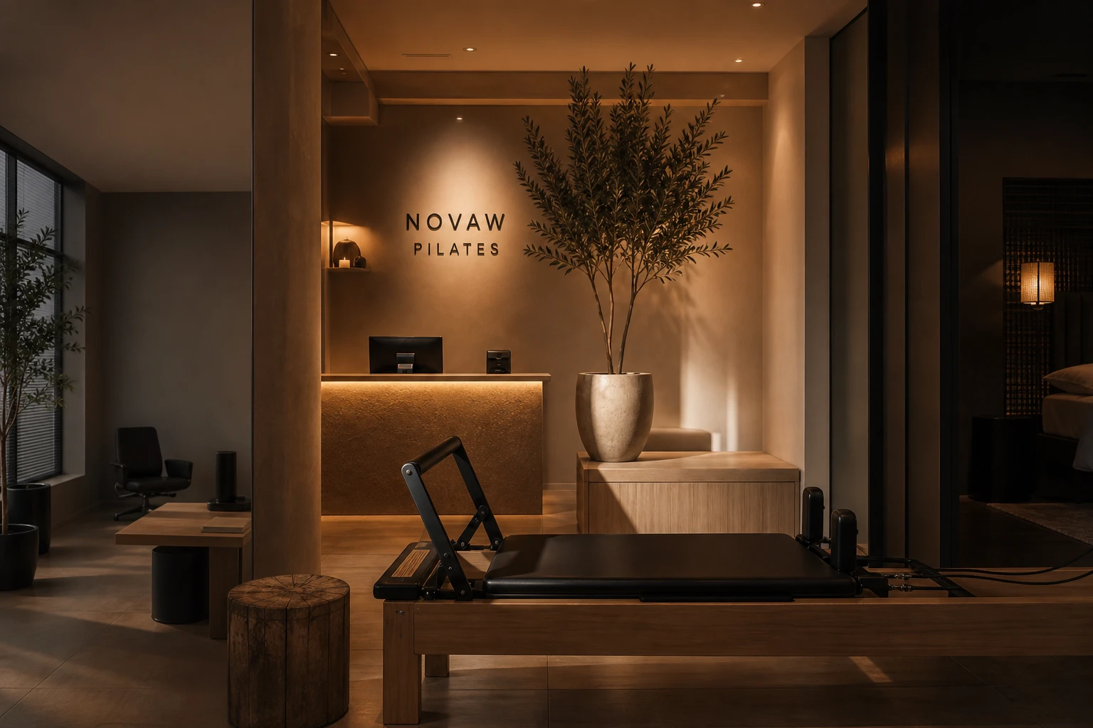 Warm Pilates studio with a wooden interior and reformer