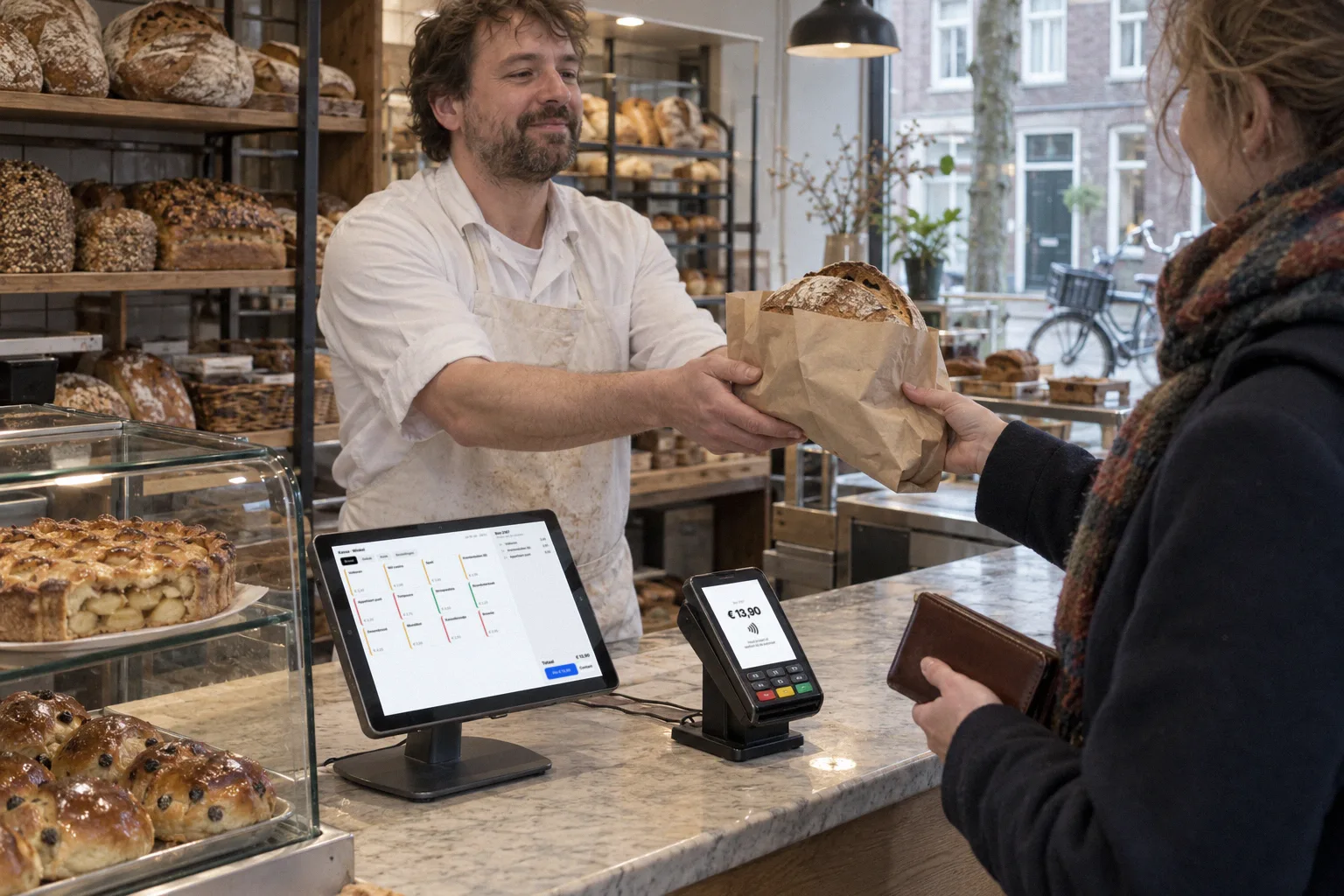 Checking out at a bakery counter