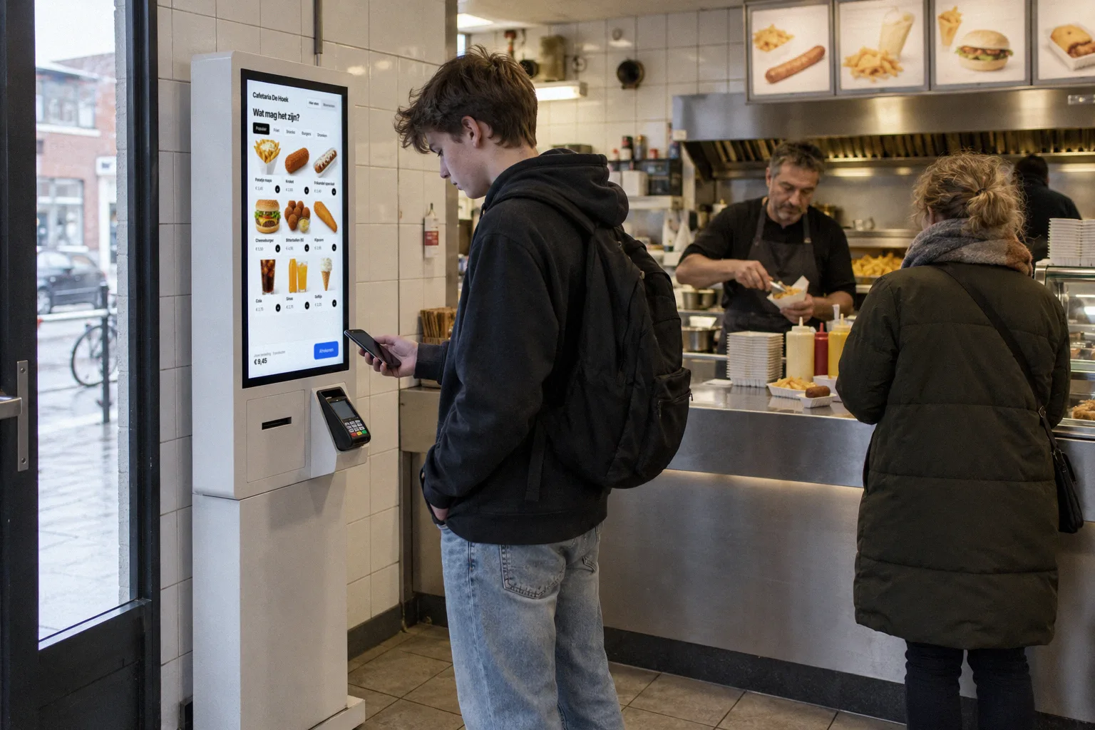 A customer pays at a self-order kiosk in a takeaway