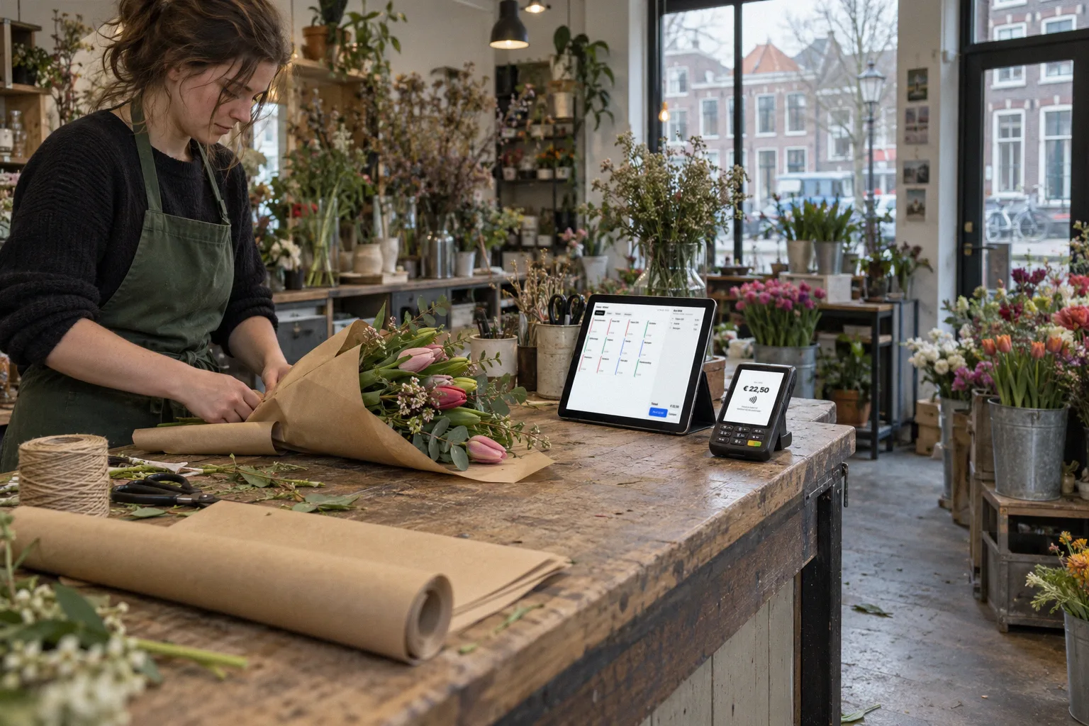 The till on a florist’s work counter